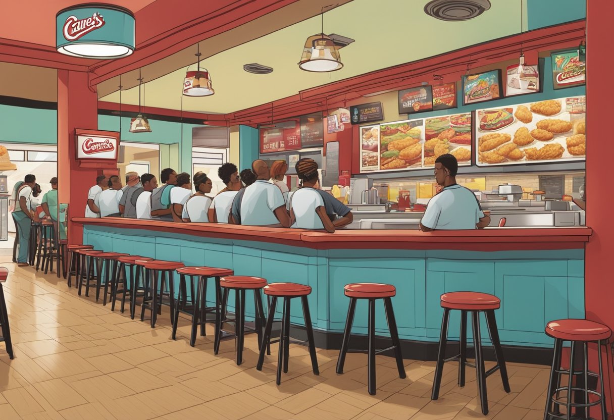 A bustling Raising Cane's restaurant, with customers lined up at the counter and the smell of fried chicken filling the air. Tables and chairs are arranged neatly throughout the space