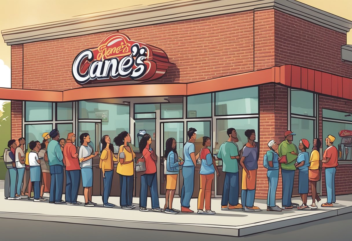 Customers lined up at a Raising Cane's restaurant, eagerly asking questions to the staff. The iconic logo is visible on the building exterior