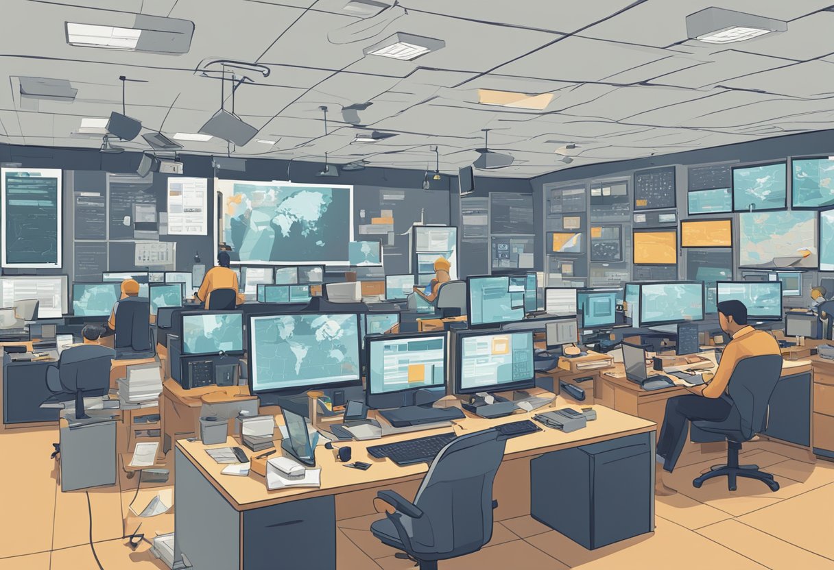 A chaotic newsroom with multiple screens, conspiracy theories pinned to the walls, and a sense of urgency