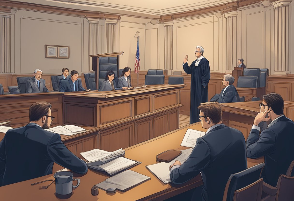 A courtroom with a judge presiding over a legal challenge, while a group of business professionals discuss operations in a boardroom