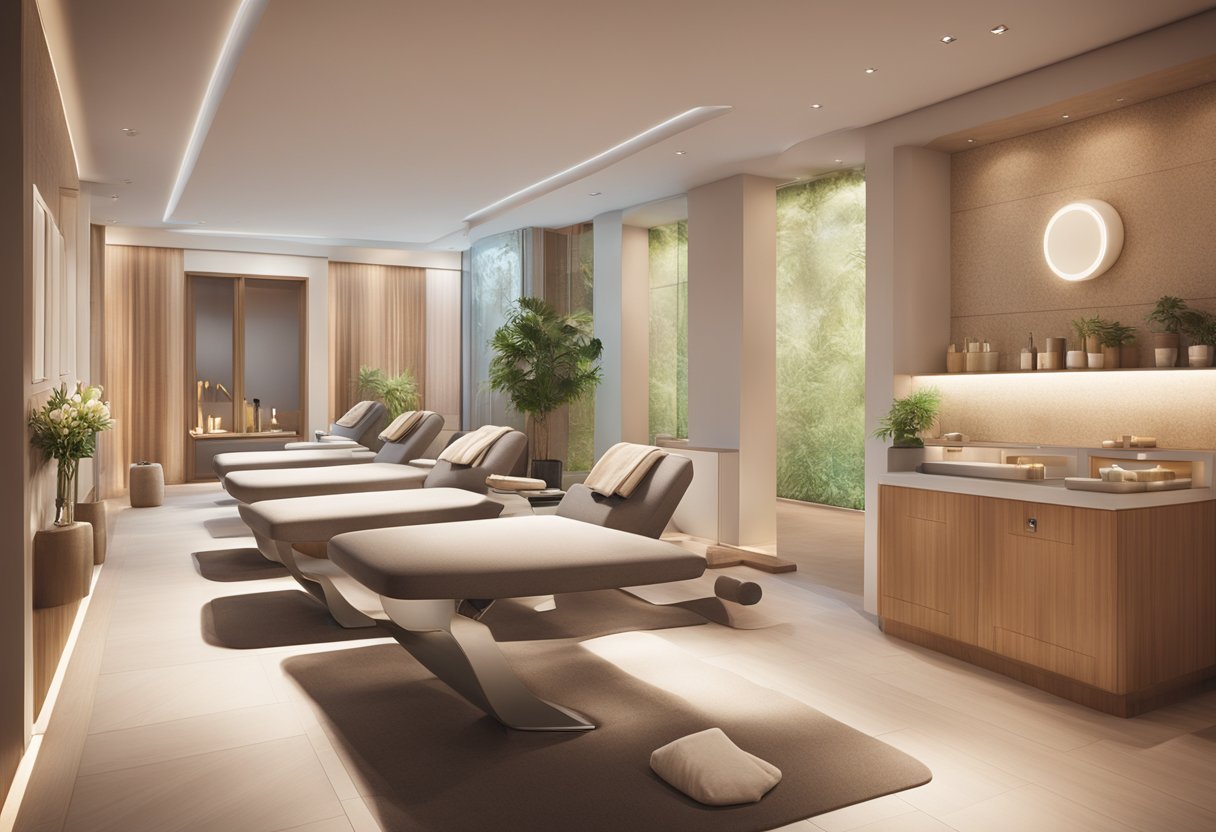 A serene spa room with modern decor, soft lighting, and comfortable seating, featuring a European Wax Center logo displayed prominently