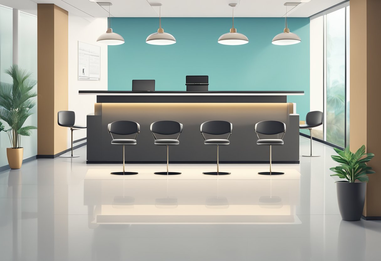 A reception desk with a sign, chairs, and a waiting area in a modern and clean environment