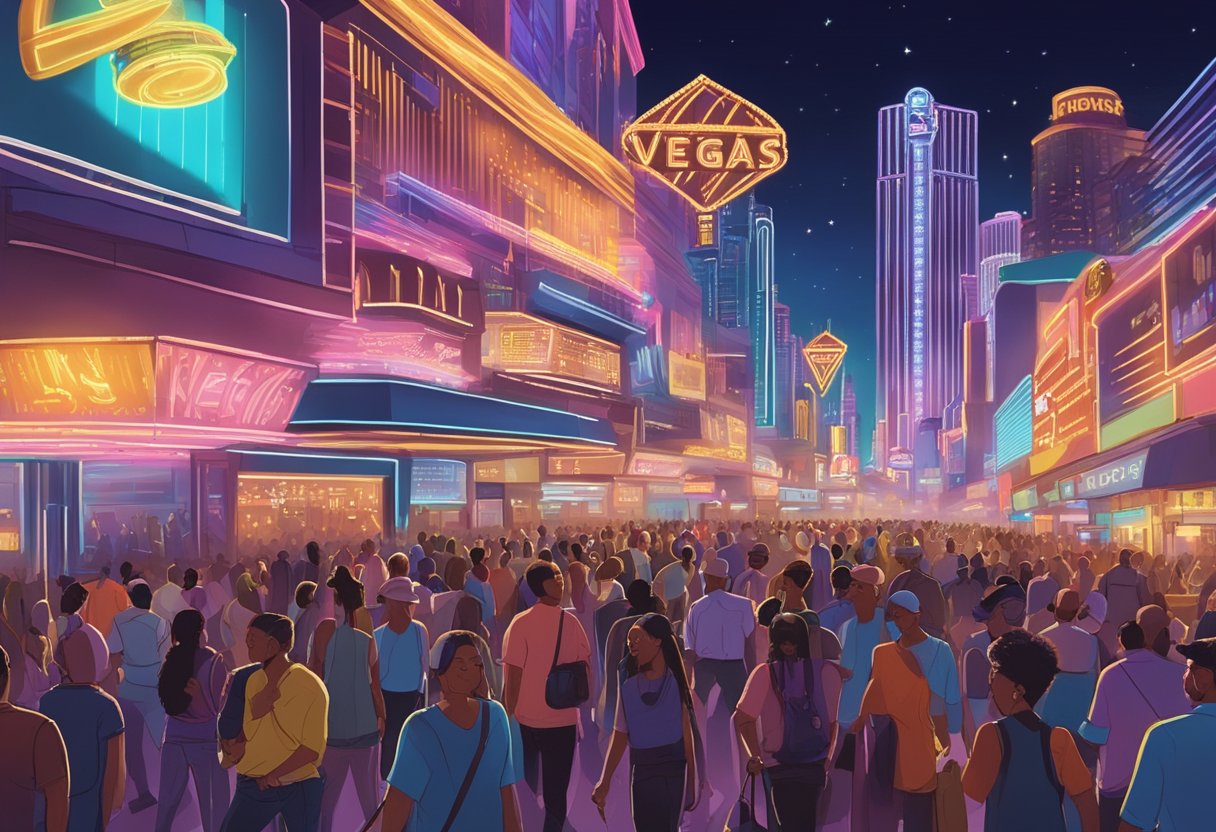 A bustling Vegas street at night, neon lights flashing, and crowds of people moving through the lively atmosphere