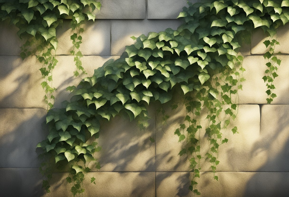 Sunlight filters through tangled strands of ivy, casting intricate shadows on the weathered stone wall