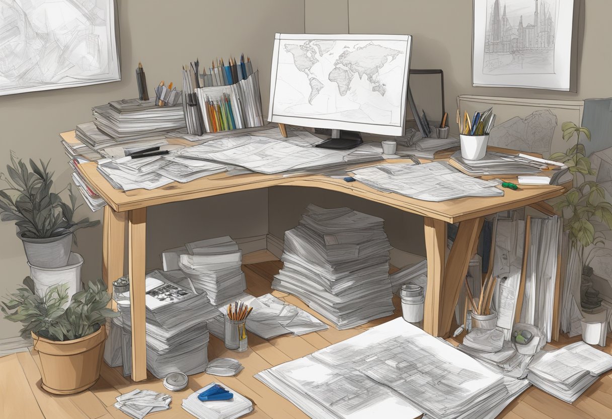 An abandoned desk cluttered with unfinished sketches and scattered art supplies. A half-finished canvas sits on an easel, surrounded by discarded drafts