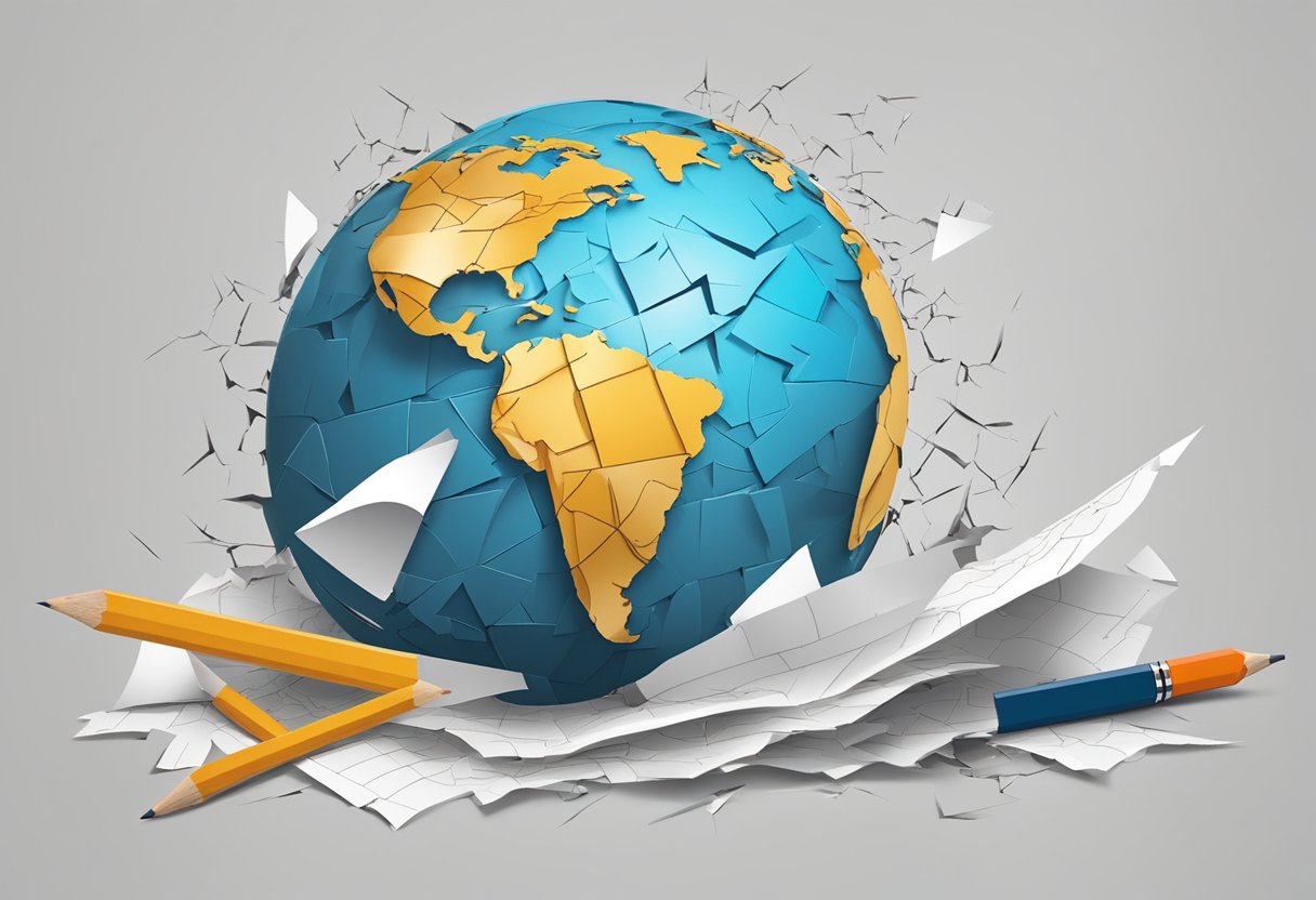 A cracked globe surrounded by scattered papers and a broken pencil