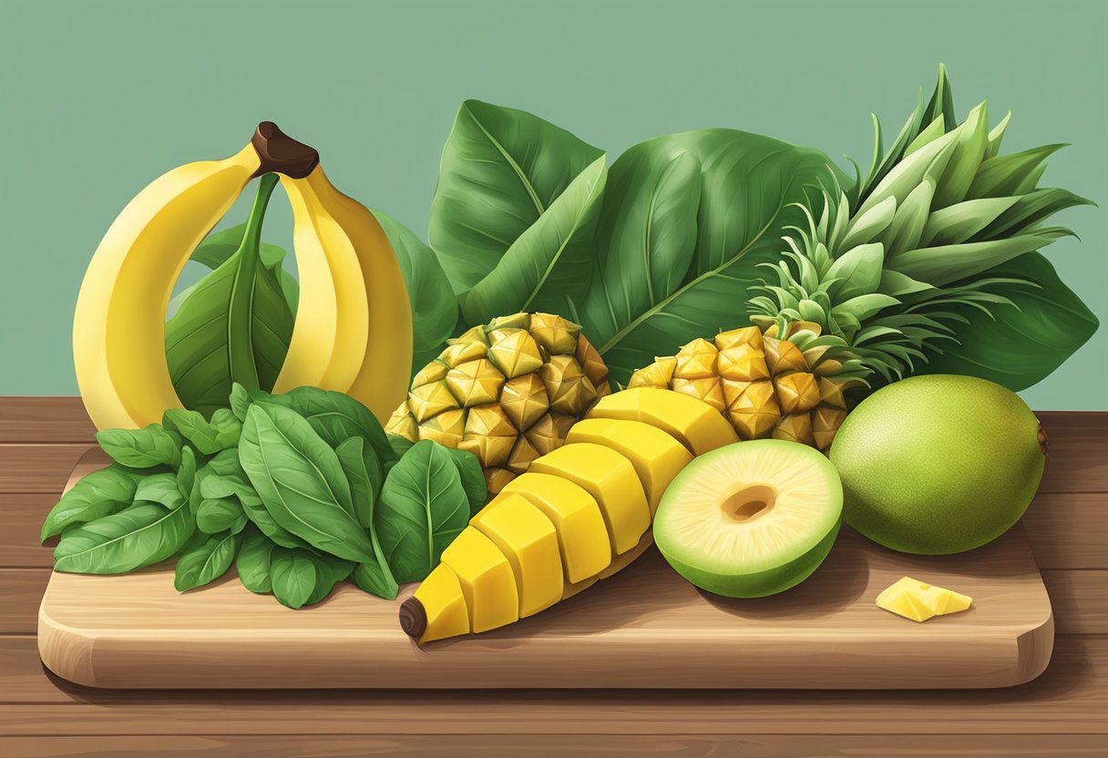 A ripe banana, a juicy mango, a handful of fresh pineapple chunks, and a few handfuls of leafy green spinach sit on a wooden cutting board, ready to be blended into a tropical smoothie