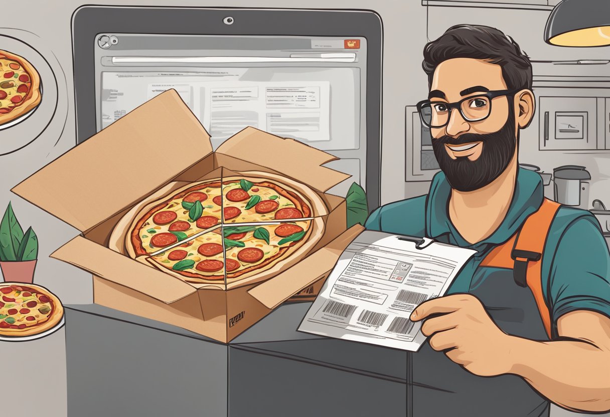 A customer browsing through a list of frequently asked questions on Marco's Pizza website, with a pizza box and delivery bag in the background