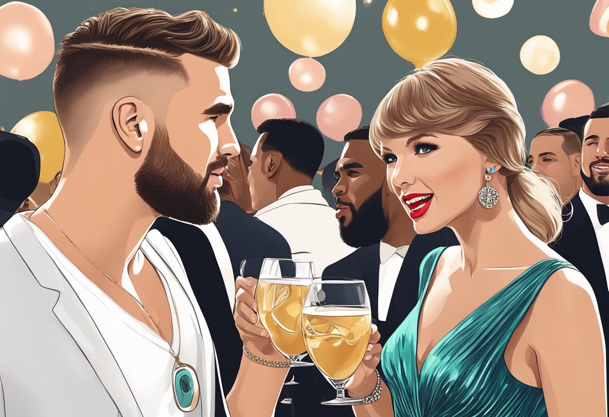 Taylor Swift and Travis Kelce chatting at a glamorous Hollywood party