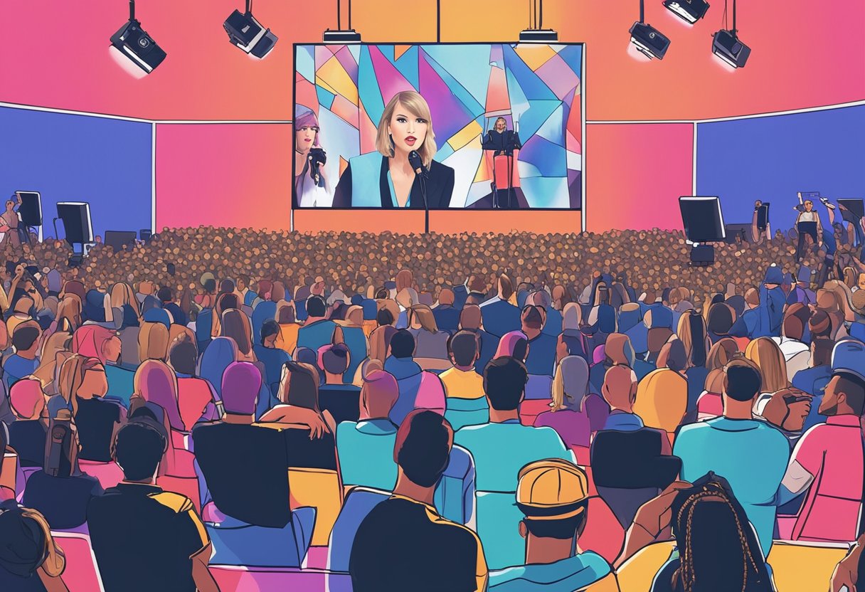 A crowded press conference with microphones and cameras surrounding a stage. A split image of Taylor Swift and Travis Kelce projected on a large screen