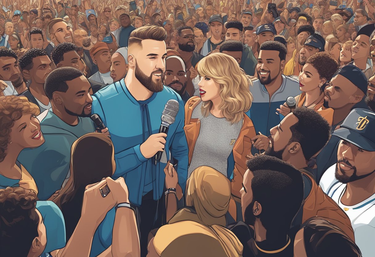 A microphone surrounded by a crowd, with Taylor Swift and Travis Kelce standing side by side, answering questions