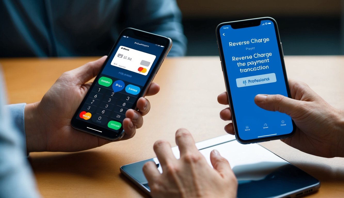 Una persona che utilizza un telefono cellulare per effettuare un pagamento, mentre il dispositivo del destinatario visualizza una notifica della transazione di addebito inverso