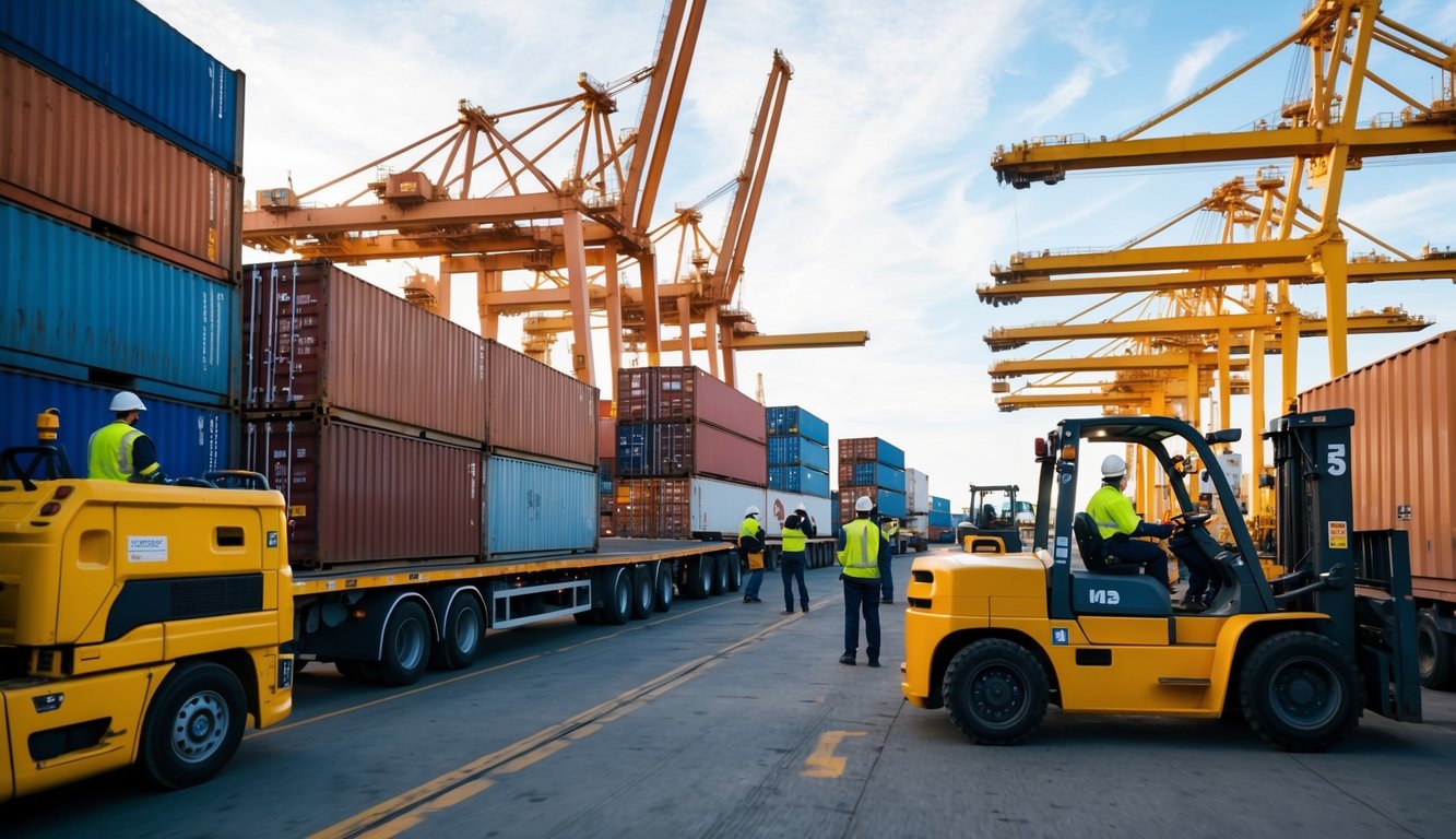 Un porto affollato con merci scaricate dalle navi su camion in attesa, con lavoratori che utilizzano gru e carrelli elevatori per spostare le merci.