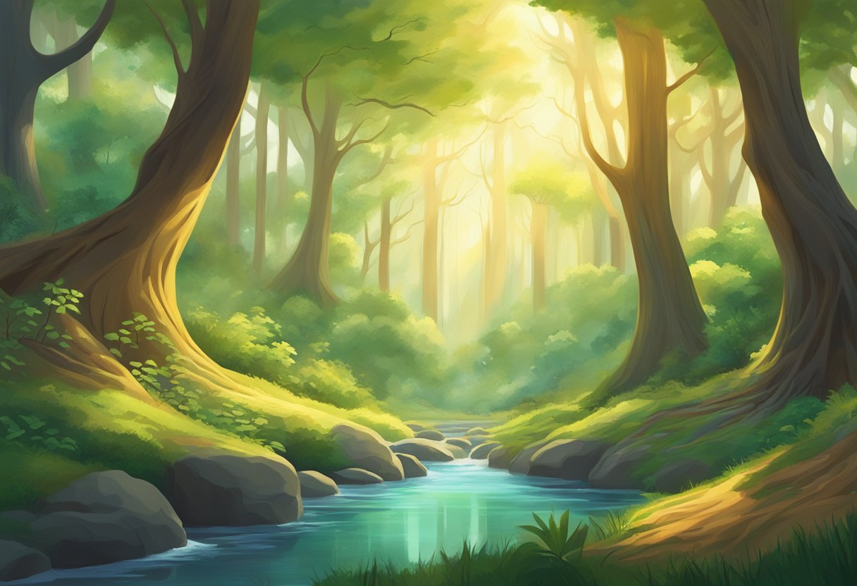 A serene forest clearing with seven vibrant, swirling energy centers floating above the ground, surrounded by lush greenery and the soft glow of sunlight filtering through the trees