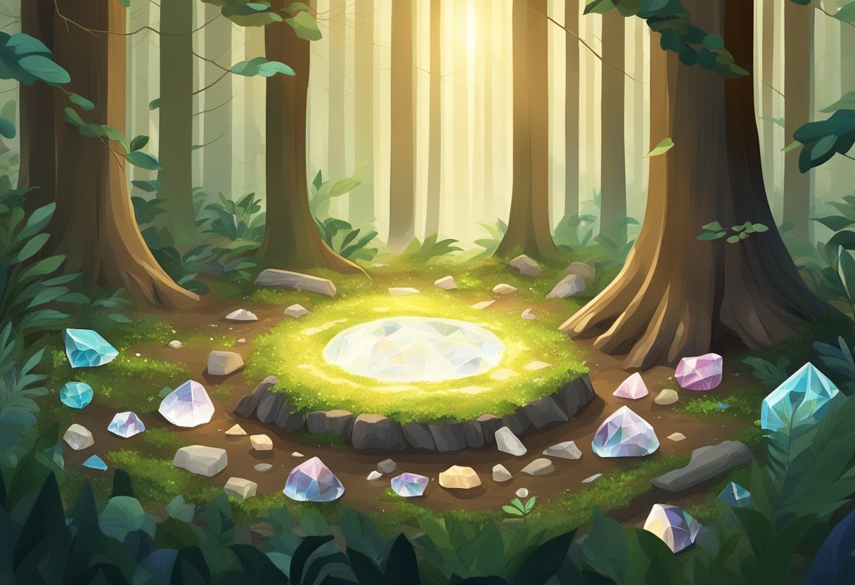 A tranquil forest clearing with sunlight streaming through the trees, illuminating a collection of various crystals arranged in a circle on the ground