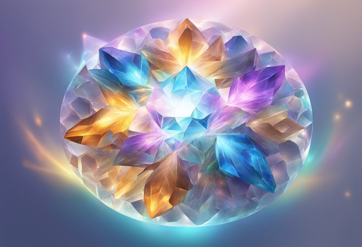 A group of diverse crystals arranged in a circular pattern, emitting a soft, ethereal glow, surrounded by swirling energy