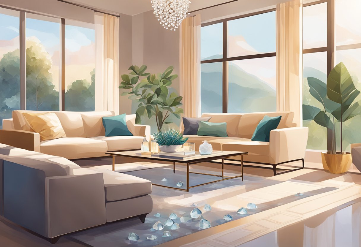 A serene, modern living room with crystals placed strategically around the space. Soft natural light filters in, casting a warm glow on the crystals, creating a tranquil and peaceful ambiance
