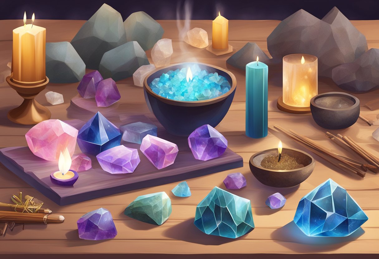 A variety of crystals arranged on a table, surrounded by candles and burning incense, with a practitioner's tools and equipment nearby