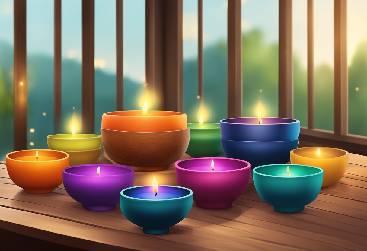 Vibrant colored singing bowls arranged on a wooden table with soft, glowing candles and a serene, natural setting in the background