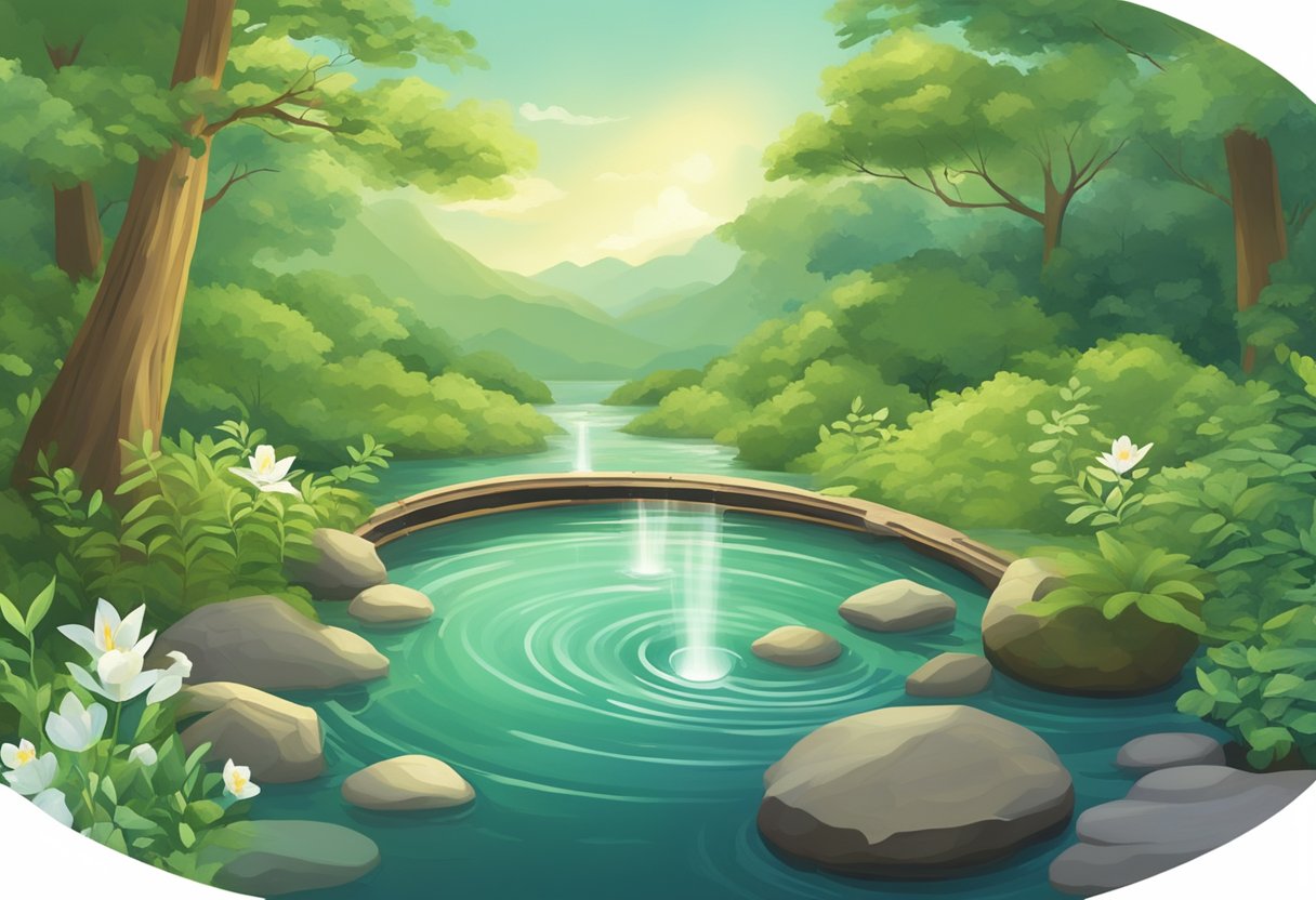 A serene, natural setting with gentle flowing water, surrounded by lush greenery and resonating with the soothing sounds of singing bowls and tuning forks