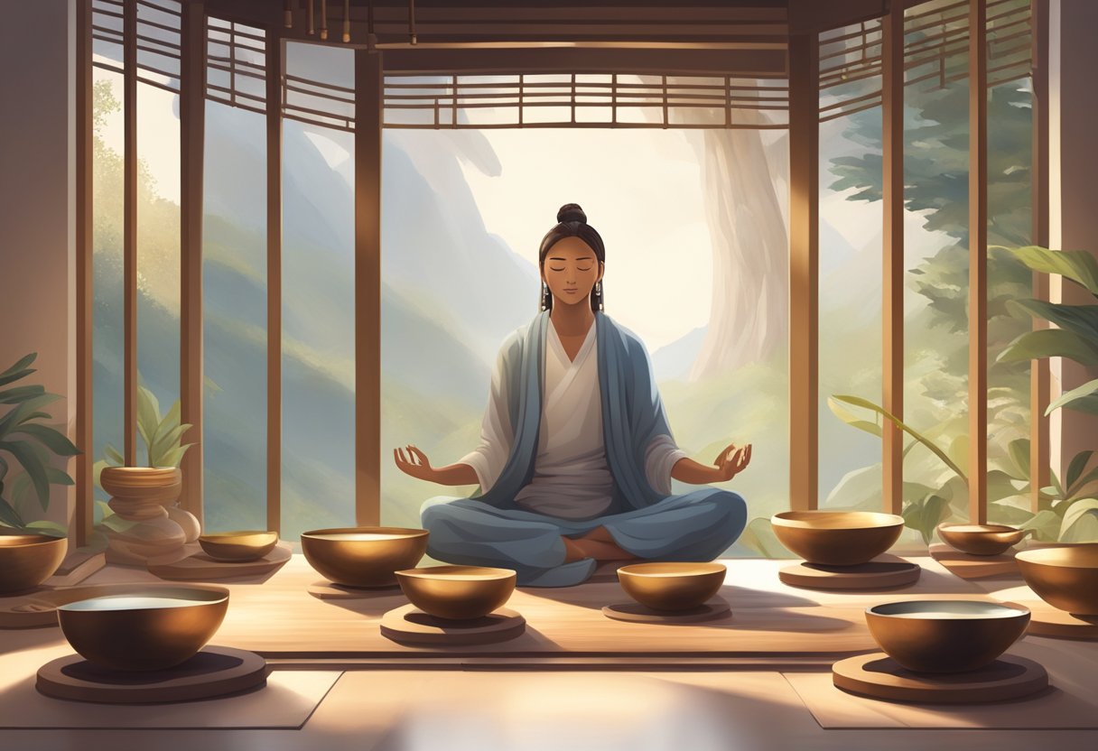 A serene setting with a person meditating surrounded by singing bowls, tuning forks, and a gong, with soft light and natural elements