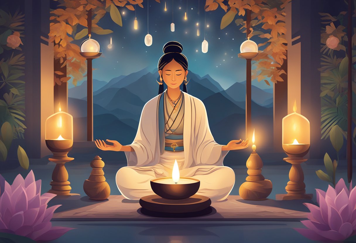 A serene, candlelit room with Tibetan singing bowls, crystal quartz, and incense. A figure meditates amidst the soothing sounds of nature and gentle wind chimes
