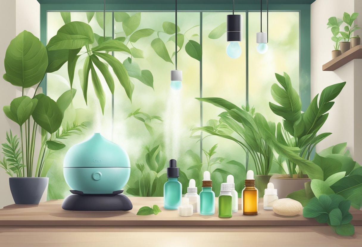 Aromatherapy scene: A tranquil spa room with diffuser emitting fragrant mist, surrounded by various essential oil bottles and lush green plants