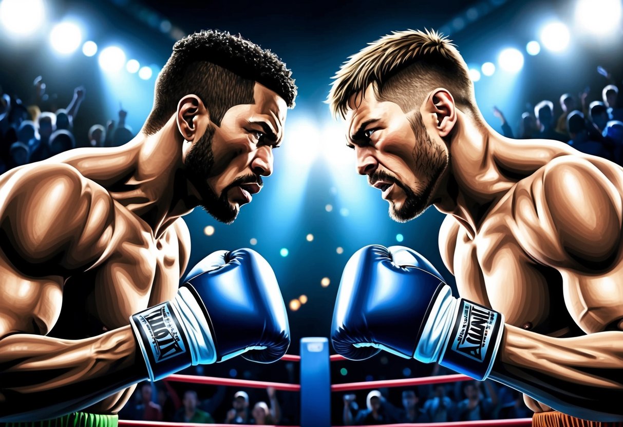 Two intense fighters face off in the ring, surrounded by a buzzing crowd and bright lights. The tension is palpable as they prepare for battle