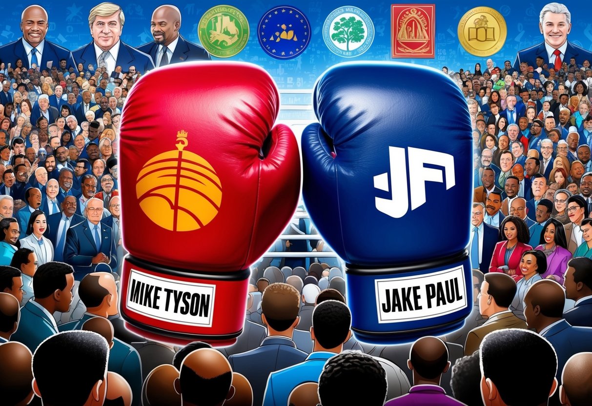 Two boxing gloves representing Mike Tyson and Jake Paul, surrounded by a crowd of diverse spectators, with a backdrop of economic and cultural symbols