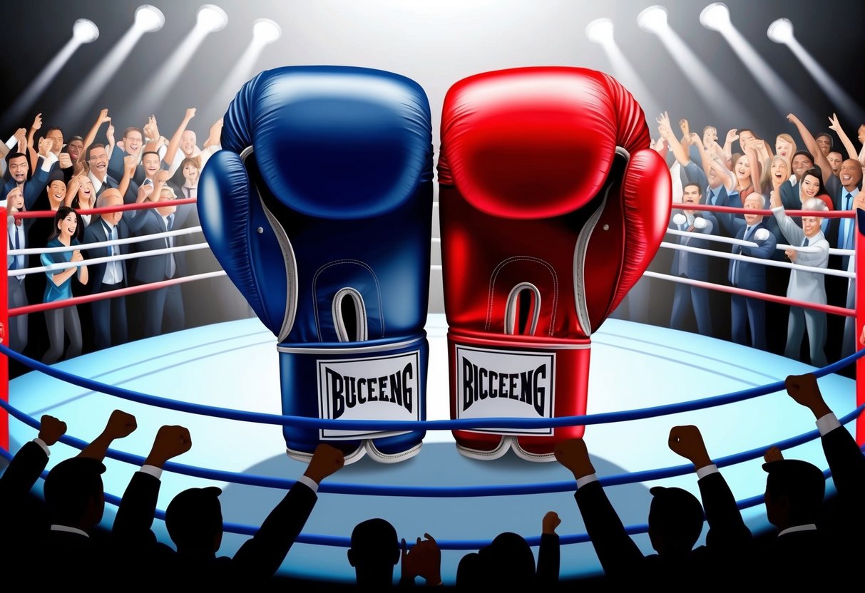 Two boxing gloves in the center of the ring, surrounded by a crowd of cheering fans