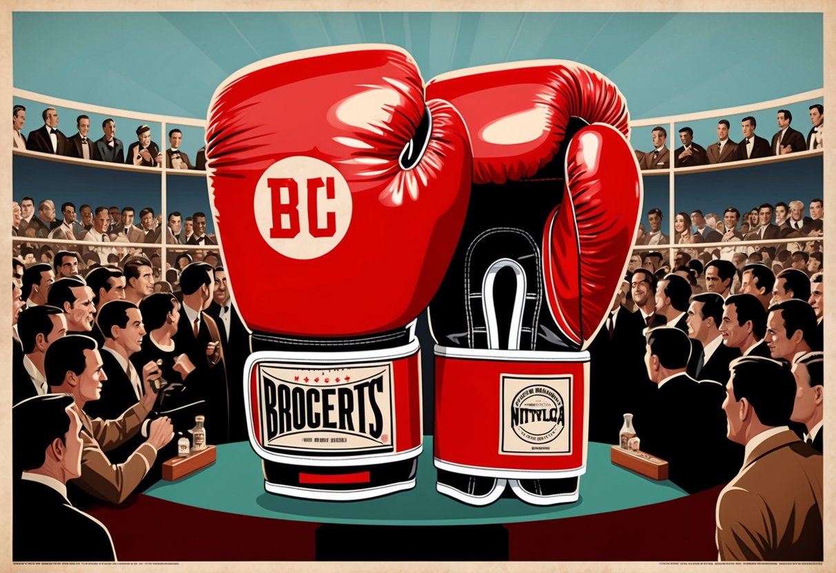 Two boxing gloves on a vintage poster, surrounded by a crowd