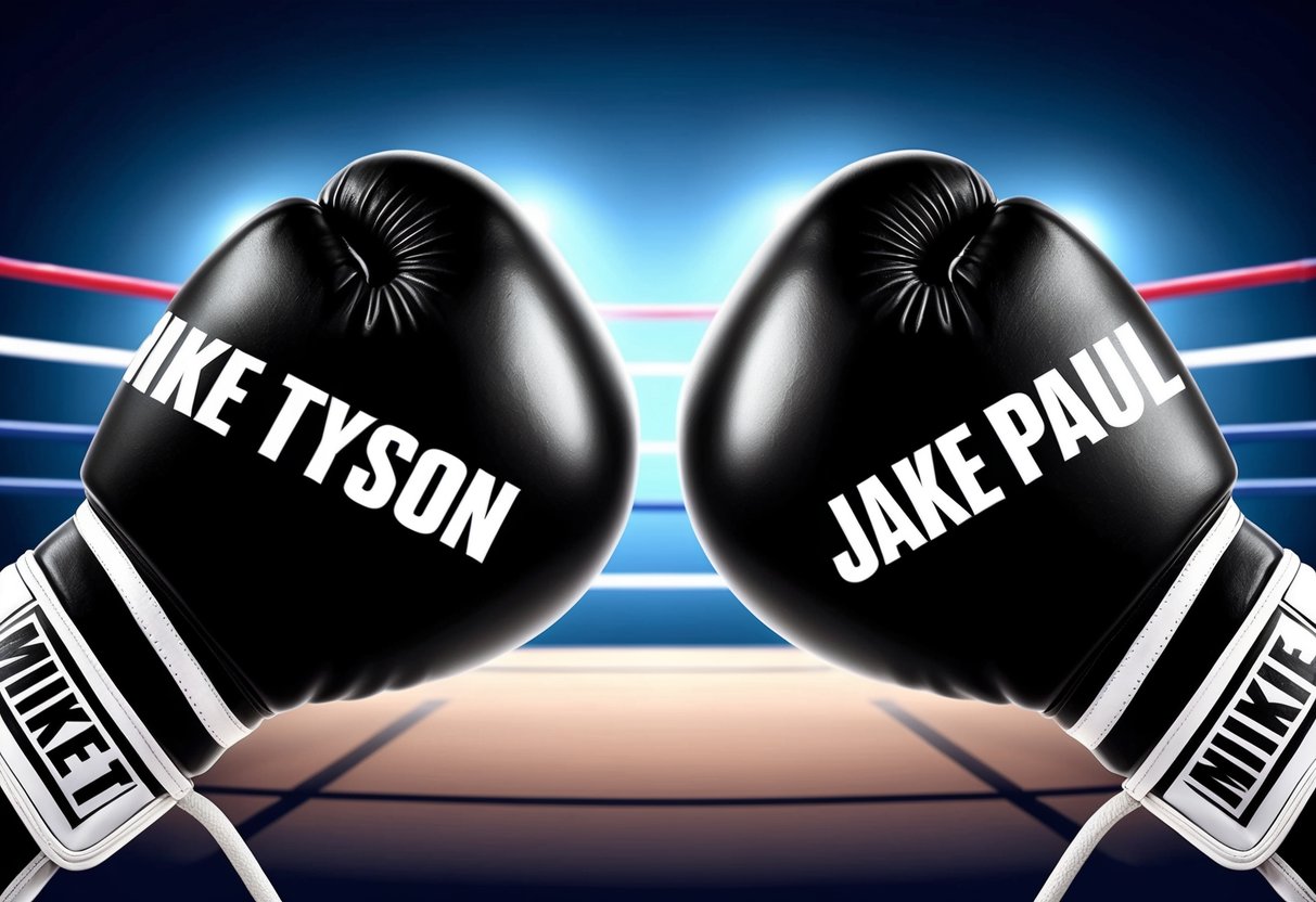 Two boxing gloves facing off in a ring, with the names "Mike Tyson" and "Jake Paul" emblazoned on the gloves