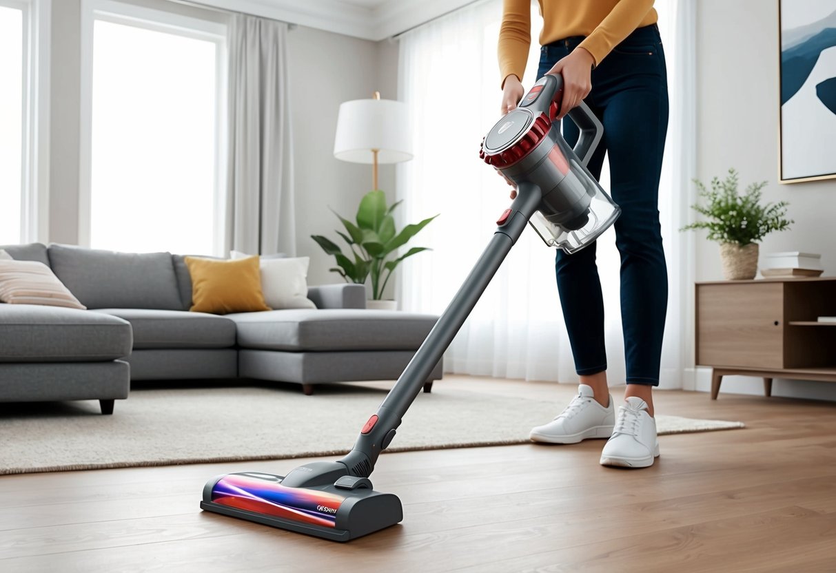 Un aspirateur sans fil moderne et élégant de Rowenta avec une batterie amovible, nettoyant un salon bien rangé.