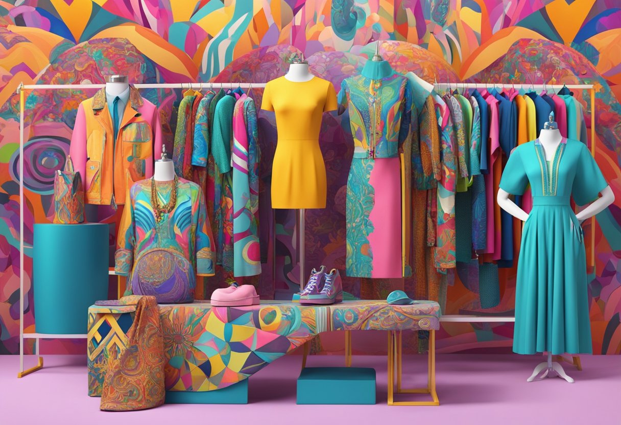 A colorful array of psychedelic clothing and accessories displayed on mannequins and hangers, surrounded by vibrant patterns and imagery