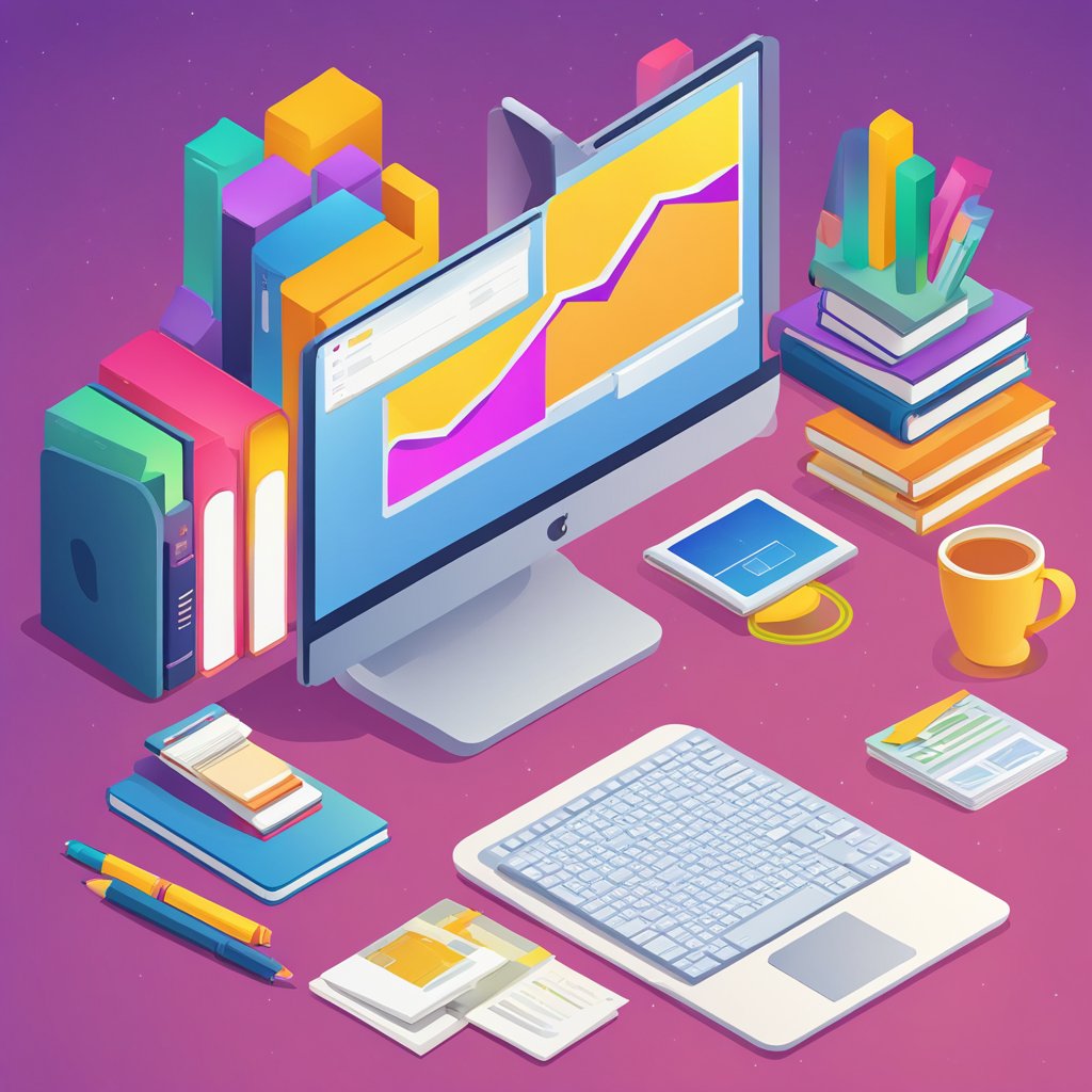 An office desk with a computer, notepad, and pen. A stack of books on SEO and marketing. A chart showing website traffic growth