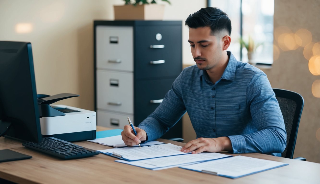 Una scrivania con un computer, una stampante e documenti, una persona seduta alla scrivania che compila dei moduli, un armadio per i documenti sullo sfondo.