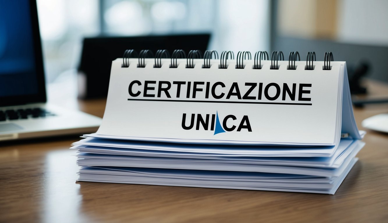 Un calendario da scrivania con le scadenze evidenziate e un mazzo di documenti etichettati 'Certificazione Unica.'