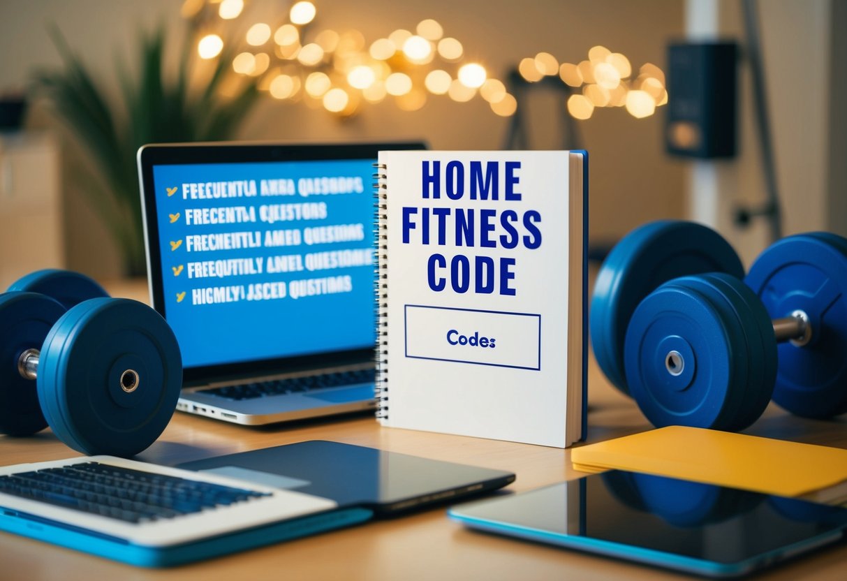 A home fitness code book surrounded by exercise equipment and a laptop with a list of frequently asked questions on the screen