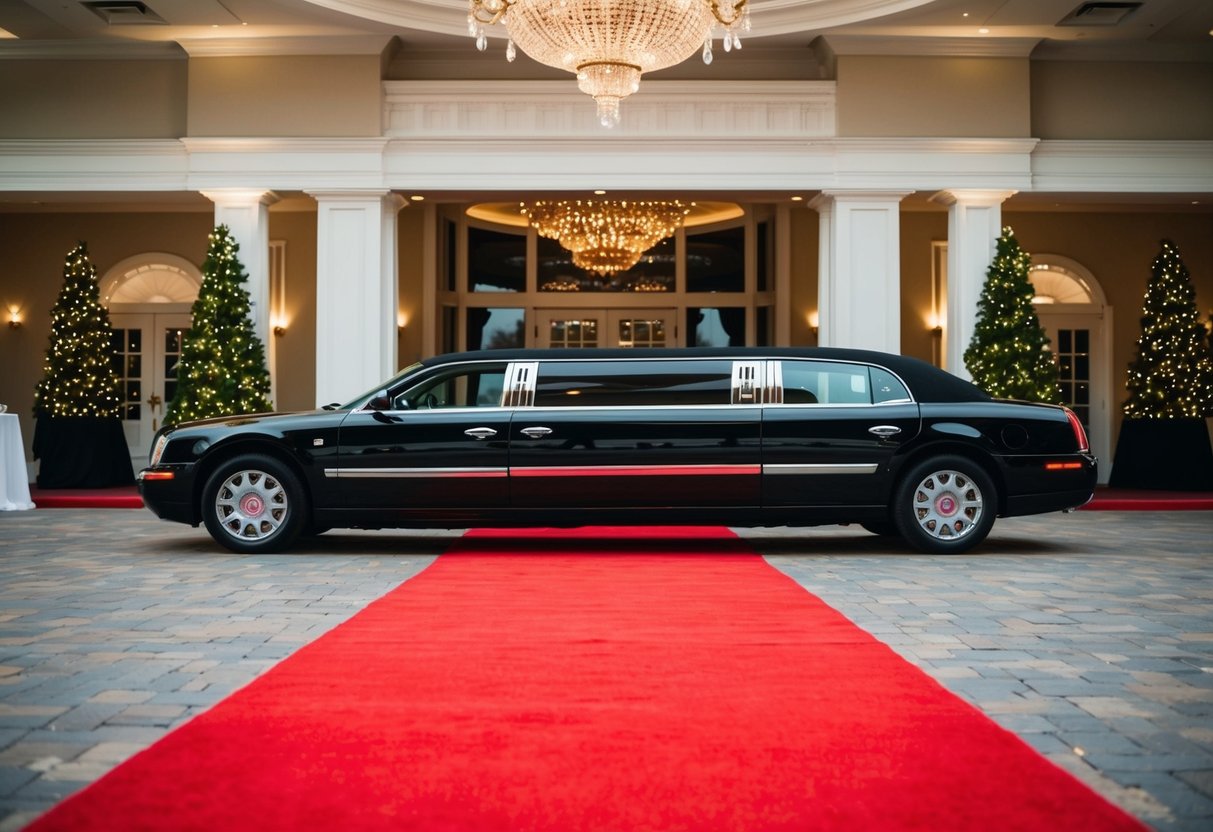 En luksuriøs limousin parkert foran et storslått lokale, med et rødt teppe som fører opp til inngangen, omkranset av elegante dekorasjoner og blinkende lys.