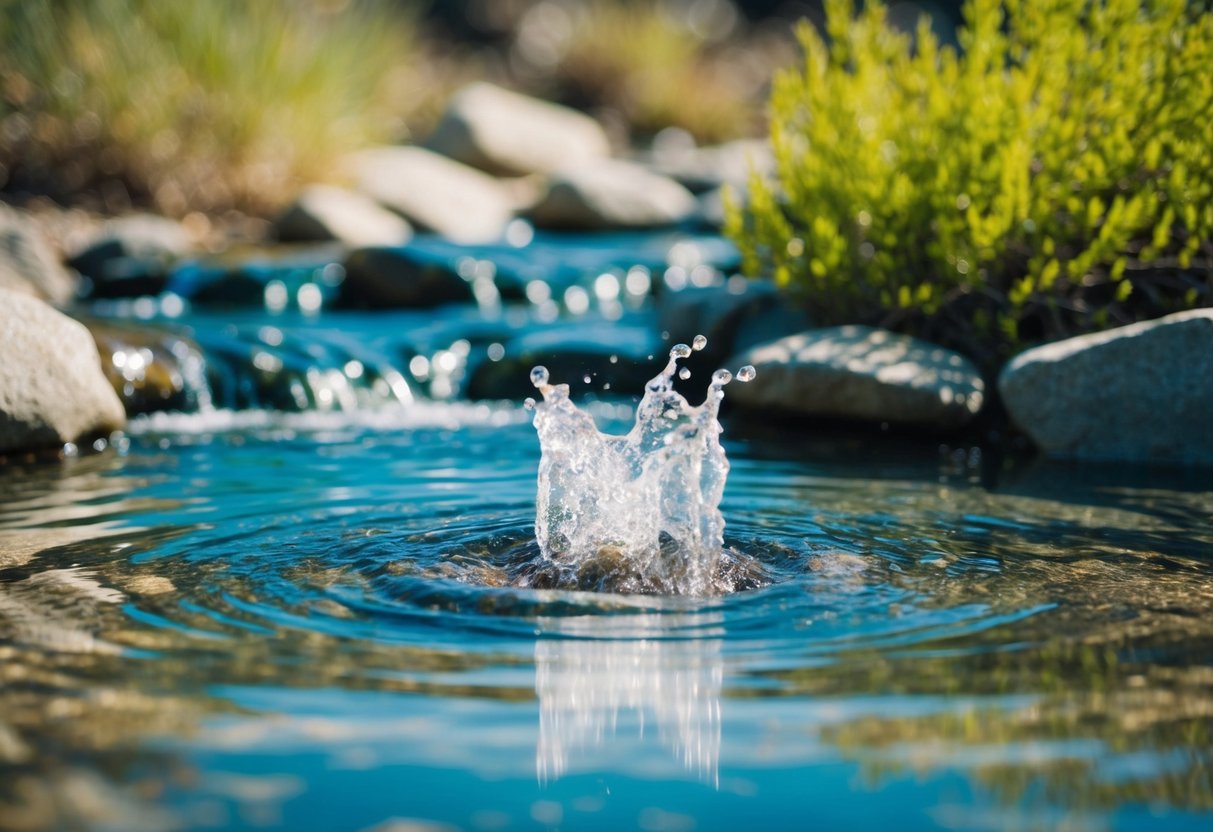 Clear water gushing from the earth, forming a small, bubbling spring. Surrounding vegetation and rocks indicate a natural, outdoor setting