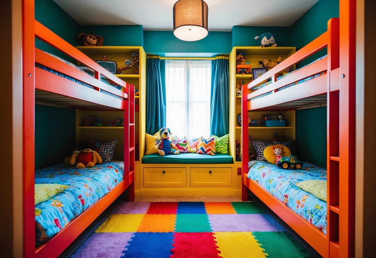 Ein buntes und verspieltes Kinderzimmer mit Etagenbetten, Spielzeug und einer gemütlichen Leseecke