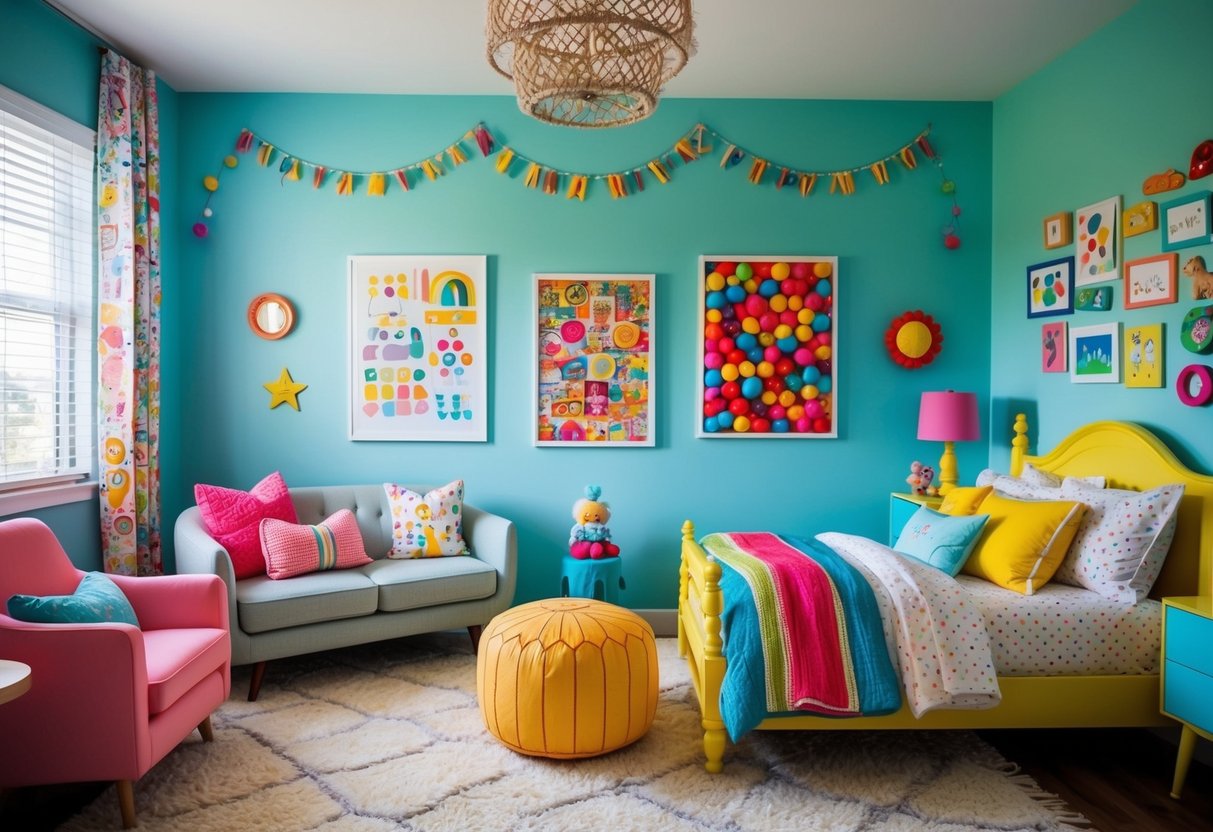 Ein buntes und verspieltes Kinderzimmer mit gemütlichen Möbeln, verspielter Dekoration und lebhaften Wandkunst.