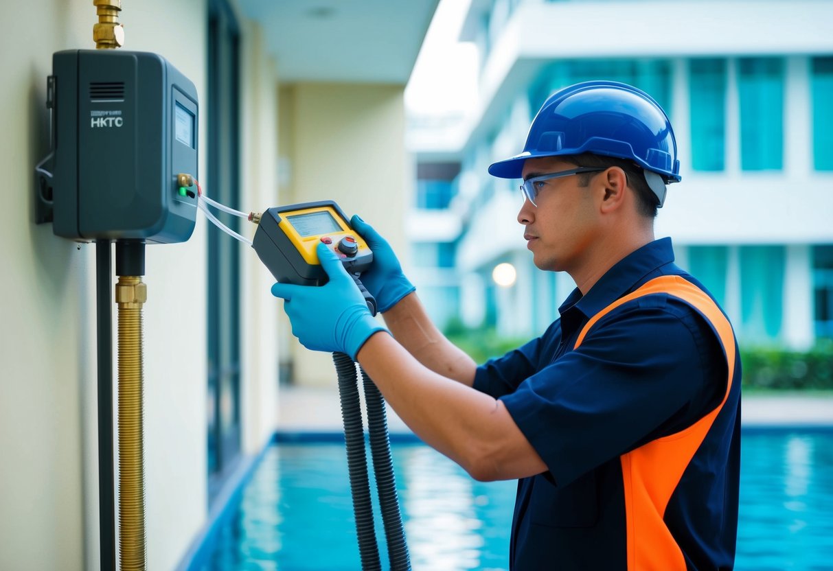 A technician using advanced equipment to detect water leaks in a Malaysian building