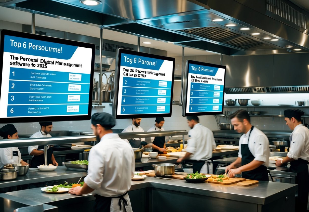 Una bulliciosa cocina de restaurante con pantallas digitales futuristas que muestran el top 6 de software de gestión de personal para 2025. Los chefs y el personal trabajan de manera eficiente en el fondo.