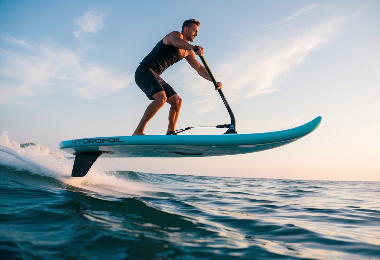 A hydrofoil paddleboard glides above the water, with a sleek, streamlined design and a curved hydrofoil attached to the bottom. The board cuts through the waves, demonstrating the evolution of water sports technology