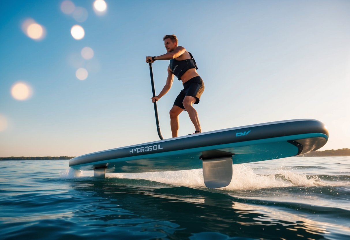 A hydrofoil paddleboard glides above the water, with a sleek, streamlined design and a metallic foil extending below the board