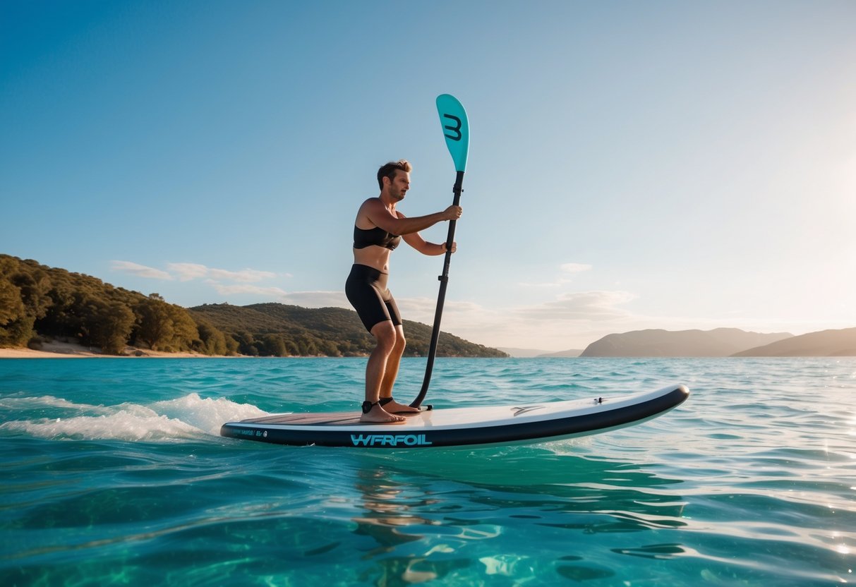 A sleek hydrofoil paddleboard glides through crystal-clear water, its design and materials reflecting the cutting-edge technology behind its innovative hydrofoil system