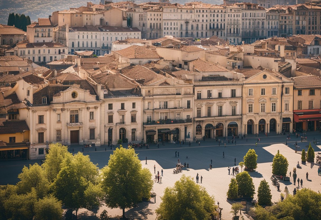 Una plaza de la ciudad bulliciosa rodeada de edificios históricos y vendedores ambulantes vibrantes, con un telón de fondo de colinas onduladas y un cielo azul claro.