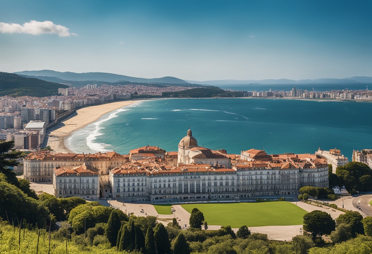Una vista panorámica de Santander y sus alrededores, con lugares emblemáticos como el Palacio de la Magdalena, la playa de El Sardinero y la costa escarpada.