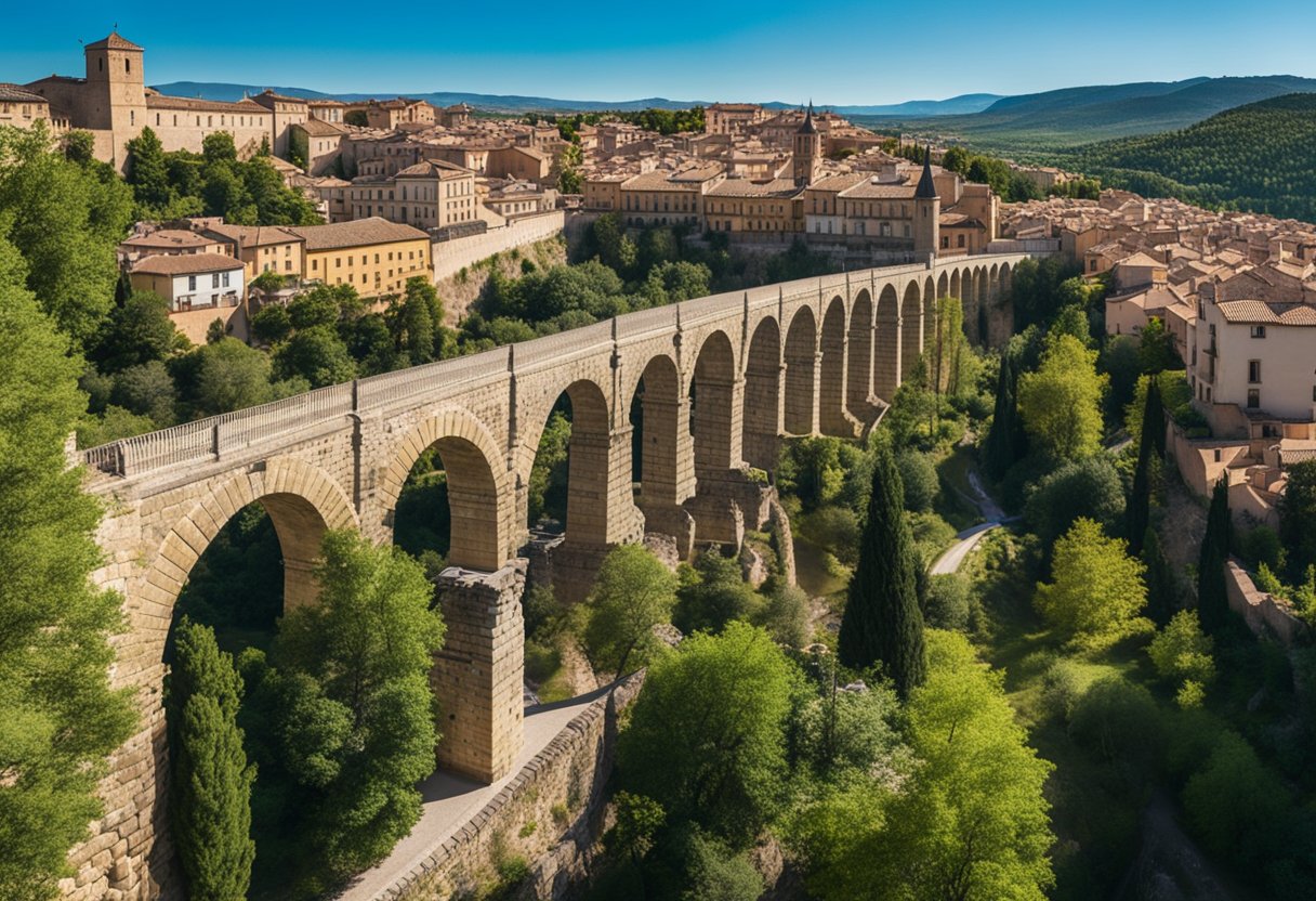 Una vista panorámica del icónico acueducto de Segovia, rodeado de edificios históricos y vegetación exuberante